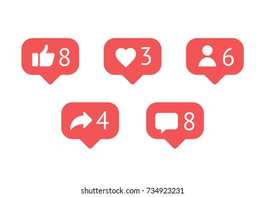 Flat design social network rating icons: thumbs up icon, heart symbol, repost and new follower set. 