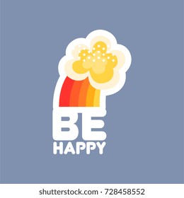 Flat design social network sticker Be happy text with rainbow and cloud