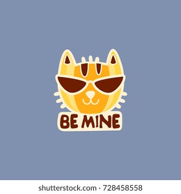 Flat design social network sticker Be mine with cool cat in glasses