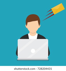 Flat design, social networking. Man working with laptop. Vector illustration.