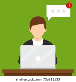 Flat design, social networking. Man working with laptop. Vector illustration.