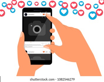 Flat design of social networking success and appreciation concept vector illustration. The hand holds the smartphone, attracting likes, hearts. Marketing in social networks in business