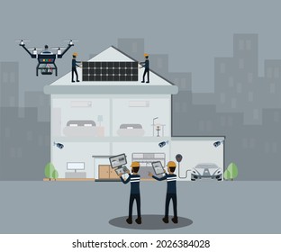 Flat design of solar cell tectnology, The technician monotoring staff setting solar cell on  the roof from drone,green energy concept - vector illustration