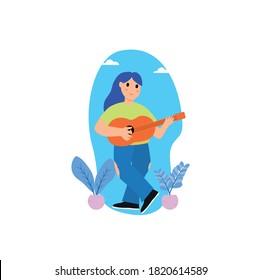 flat design, someone playing guitar in sunny weather in the morning