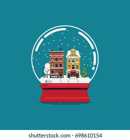 Flat design souvenir snow globe with little town in winter. Christmas gift vector design element