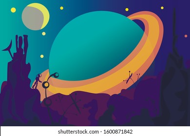 Flat design space landscape with Saturn and the Moon view. Violet, blue, mint, yellow vector illustration with astronaut and surrealistic plants. For bag, laptop, notebook, phonecase. Background