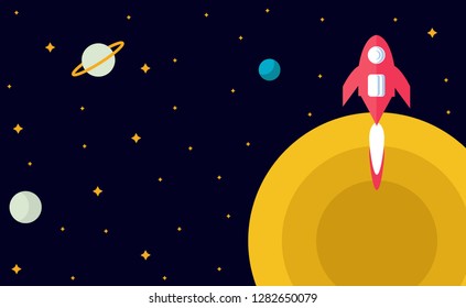 Flat design: space and planet background concept.  Cute template with Spaceship, Rocket, Stars in outer space in cartoon style.