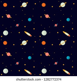 Flat design: space and planet concept.  Cute template with planets and Stars in space. Seamless pattern background.