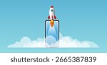 Flat Design Space Rocket Taking Off with Smoke Clouds Vector