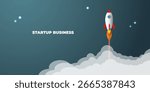 Flat Design Space Rocket Taking Off with Smoke Clouds Vector