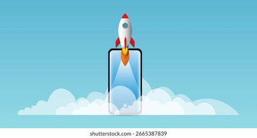 Flat Design Space Rocket Taking Off with Smoke Clouds Vector