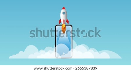 Flat Design Space Rocket Taking Off with Smoke Clouds Vector