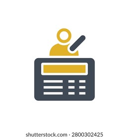 Flat design a speaker at a conference podium conveying public speaking and communication for business events.