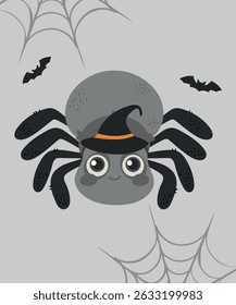 Flat Design Spider Wearing Magic Hat and Spider Background