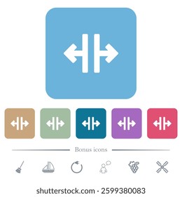Flat design split view icon set. Arrows indicate dividing a screen or window into sections. Presented in multiple colors for UI design.
