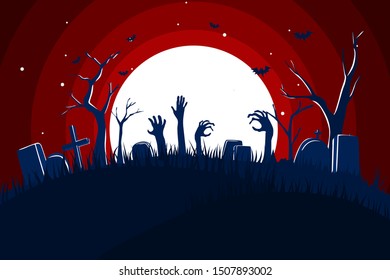 Flat design spooky halloween with scarry zombie hand graveyard background