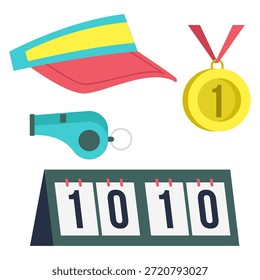 Flaches Design Sportgerät Element, isolierte Visier, Pfeife, Medaille und Anzeiger