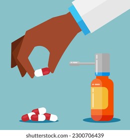 Diseño plano de botellas de pulverización y de pastillas para medicina y salud. Ilustración para sitios web, páginas de inicio, aplicaciones móviles, afiches y banners. Ilustración vectorial plana de moda
