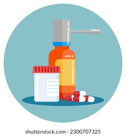 Diseño plano de frascos de pulverización, píldoras y tubo de ensayo para medicina y salud. Ilustración para sitios web, páginas de inicio, aplicaciones móviles, afiches y banners. Ilustración vectorial plana de moda