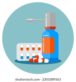 Diseño plano de botellas de pulverización y píldoras para medicina y salud. Ilustración para sitios web, páginas de inicio, aplicaciones móviles, afiches y banners. Ilustración vectorial plana de moda