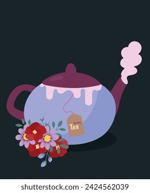 Flat Design Spring Illustration with Teapot and Teabag at Flowers