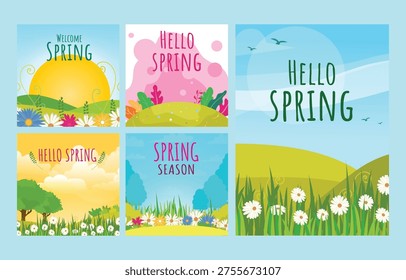Flat Design Spring Landscape Illustrations Set