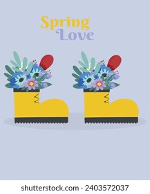 Flat Design Spring Love Illustration with Hiking Boots and Flowers