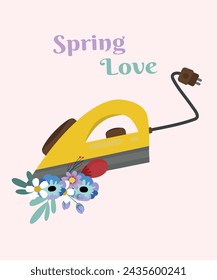 Flat Design Spring Love Illustration with Iron and Flowers