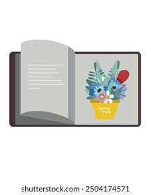 Ilustración de amor de primavera de diseño plano con libro abierto en maceta de flores