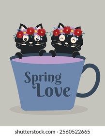 Flat Design Spring Love Illustration with Two Black Cats and a Cup of Drink
