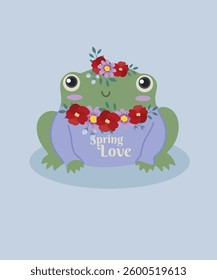  Flat Design Spring Love Illustration with Lazy Frog wearing Sweater and Flowers