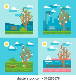 Flat design spring nature landscape illustration vector
