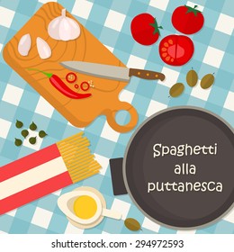 Flat design square banner of Italian traditional cuisine, pasta recipe. It may be well used to illustrate a food blog, the restaurant's menu, cover cookbooks.