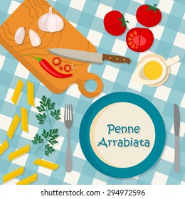 Flat design square banner of Italian traditional cuisine, pasta recipe. It may be well used to illustrate a food blog, the restaurant's menu, cover cookbooks.