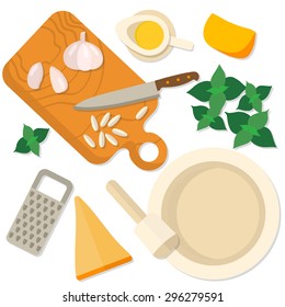 Flat design square banner on white of Italian traditional cuisine, pesto recipe. It may be well used to illustrate a food blog, the restaurant's menu, cover cookbooks.