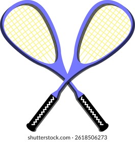 Flat design squash racket crossed with blue color and black handle