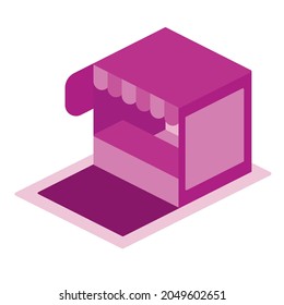 Diseño plano de puesto o tienda isométrico con barra, banner, letrero y área de anuncios vacía.