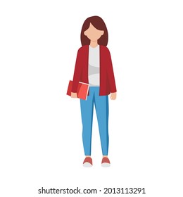flat design of a standing female student. woman in red shirt and jeans holding a book