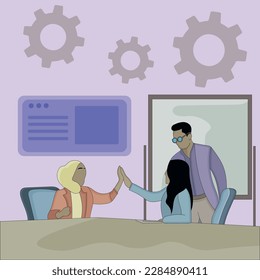 Flat design of a standing man and two seated women talking