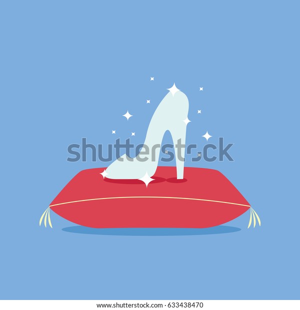 flat design stars & princess girls, fashion\
& beauty legend vector. beautiful elegance Crystal glass\
slipper with diamonds or Ice clear & clean shoe of cinderella\
on red pillow or cushion