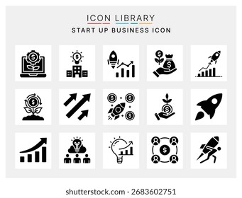 Flat design startup business icon pack with innovation, finance, entrepreneurship, teamwork, and professional corporate growth symbols