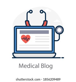 Flat design of stethoscope with laptop, medical blog icon