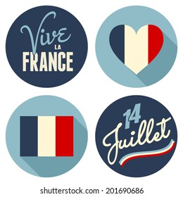 Flat design stickers for the French National Day, July 14th, Bastille Day. Vive La France, Long Live France.