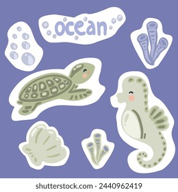 Flat design stickers ocean animals turtle seahorse and corals