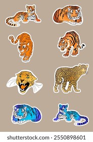 Flat design stickers. Tiger and leopard images