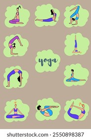 Flat design stickers. Yoga asanas.