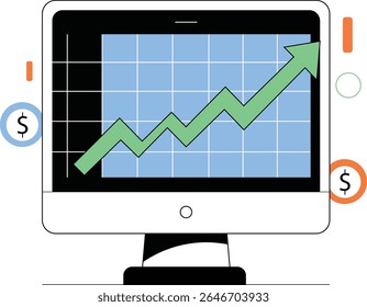 Flat Design Stock Market Monitor With Line Graph and Green Upward Trend in PNG on a Transparent Background, Featuring a Clean Interface With No Text for Financial or Business Use - Vector Illustration