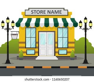 Flat design store front with place for name