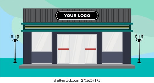 Frente de tienda de diseño plano con lugar para el nombre