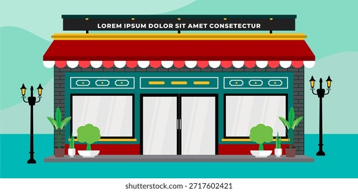 Frente de tienda de diseño plano con lugar para el nombre